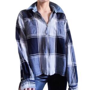 Blue Mixed Plaid Print Denim Shirt Jacket